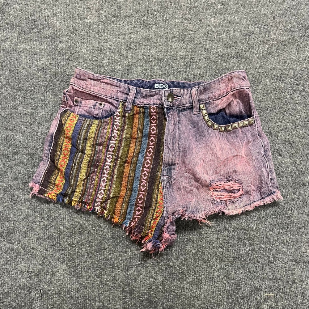 BDG Denim Shorts Womens Size 30 Purple Acid Wash Boho Tapestry Studded